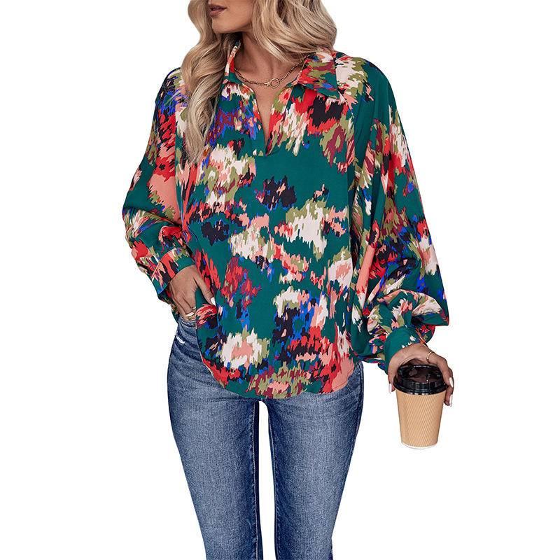 Abstract Print Notched Neck Balloon Sleeve Blouse